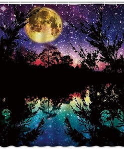 Dreamy Boho Gold Moon Shower Curtain with Celestial Mandala and Starry Sky Design - Bathroom Decor