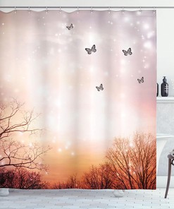 Dreamy Butterflies Shower Curtain, Romantic Fantasy Blurry Sky Design Bathroom Decor, Pale Pink Orange
