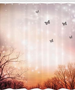 Dreamy Butterflies Shower Curtain, Romantic Fantasy Blurry Sky Design Bathroom Decor, Pale Pink Orange