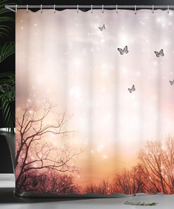 Dreamy Butterflies Shower Curtain, Romantic Fantasy Blurry Sky Design Bathroom Decor, Pale Pink Orange