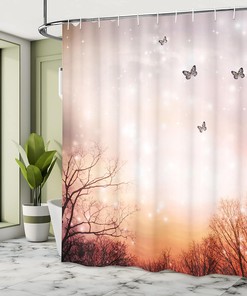 Dreamy Butterflies Shower Curtain, Romantic Fantasy Blurry Sky Design Bathroom Decor, Pale Pink Orange