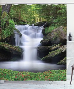 Dreamy Forest Trees Flowers - Green Waterfall Shower Curtain, Nature Bathroom Decor