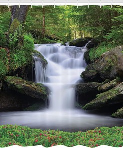 Dreamy Forest Trees Flowers - Green Waterfall Shower Curtain, Nature Bathroom Decor