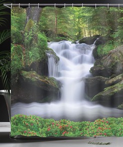 Dreamy Forest Trees Flowers - Green Waterfall Shower Curtain, Nature Bathroom Decor