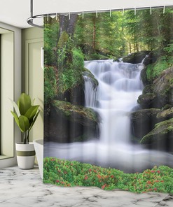 Dreamy Forest Trees Flowers - Green Waterfall Shower Curtain, Nature Bathroom Decor