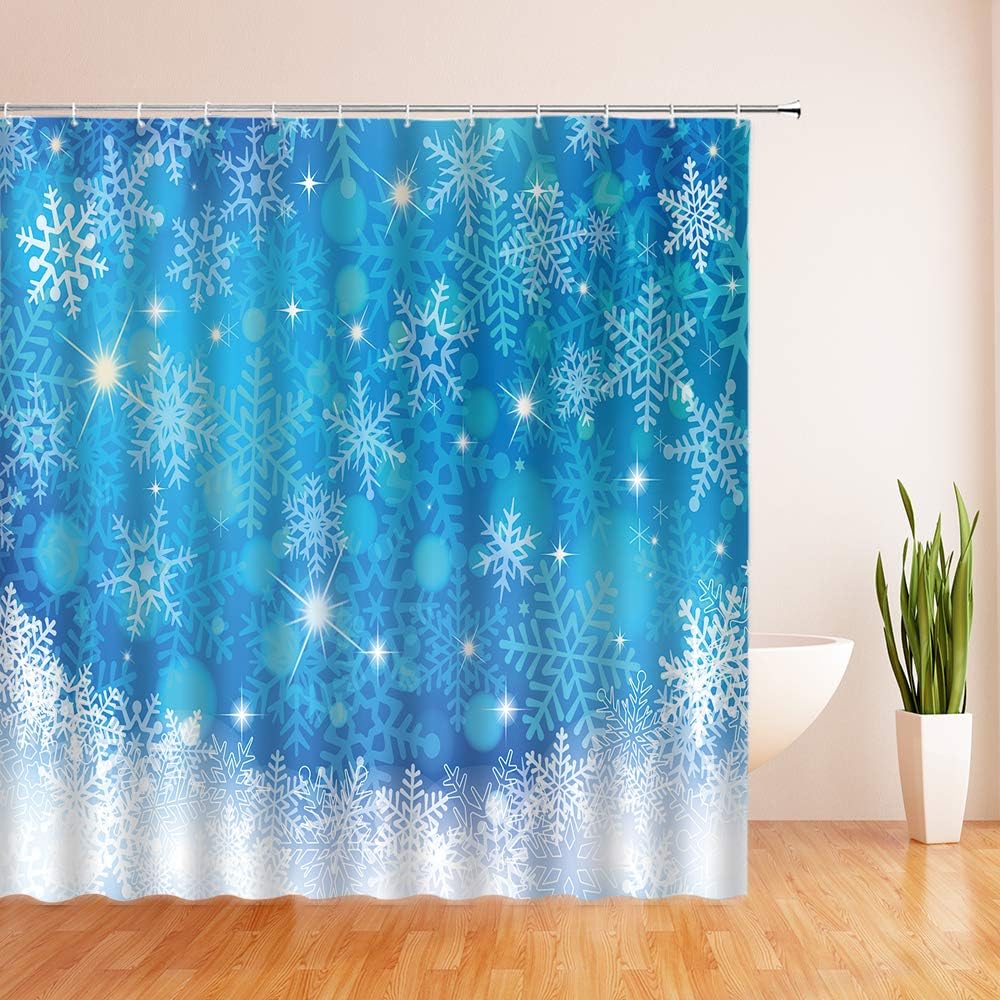 Dreamy Snowy Xmas Blue Snowflake Shower Curtain - Christmas and Bathroom Decor