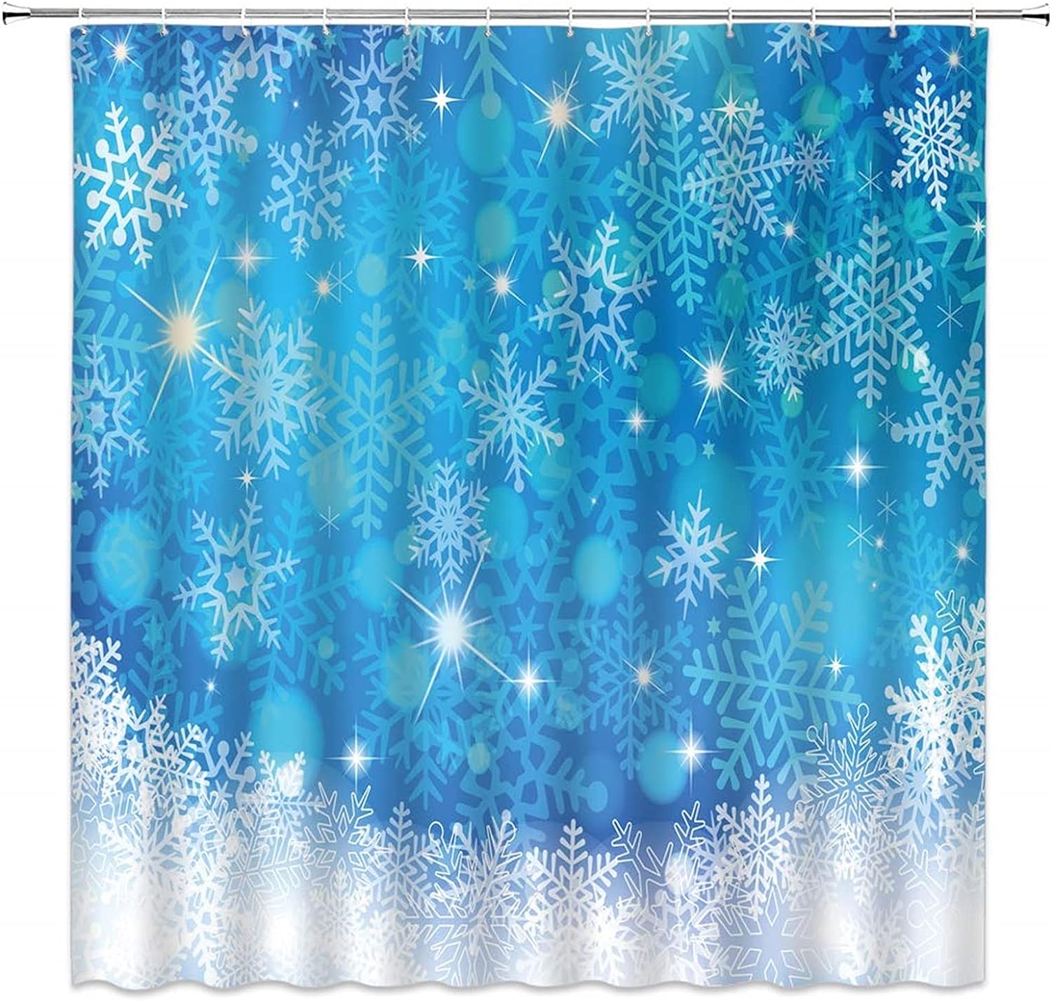 Dreamy Snowy Xmas Blue Snowflake Shower Curtain - Christmas and Bathroom Decor