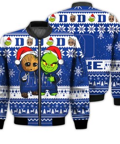 Duke Blue Devils Baby Groot And Grinch Best Friends Football American Ugly Christmas Sweater Gifts Unisex 3D Bomber Jacket
