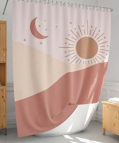 Earth Tone Boho Sun and Moon Bath Curtain with Long Style Shower Curtain