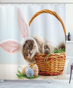 Easter Bunny Basket Cloth Fabric Shower Curtain, Fluffy Cat with Pink Rabbit Ears with Dyed Eggs, Bathroom Decor