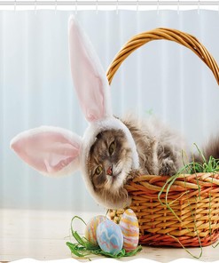 Easter Bunny Basket Cloth Fabric Shower Curtain, Fluffy Cat with Pink Rabbit Ears with Dyed Eggs, Bathroom Decor