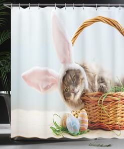 Easter Bunny Basket Cloth Fabric Shower Curtain, Fluffy Cat with Pink Rabbit Ears with Dyed Eggs, Bathroom Decor