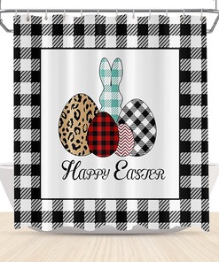 Easter Bunny Plaid Shower Curtain - Happy Easter Farmhouse Bathroom Curtain for Kids with Eggs