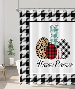 Easter Bunny Plaid Shower Curtain - Happy Easter Farmhouse Bathroom Curtain for Kids with Eggs