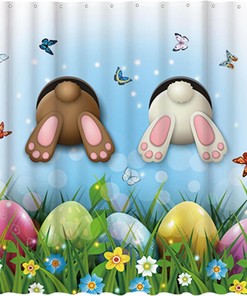 Easter Bunny in Bathtub Shower Curtain with Butterflies and Eggs