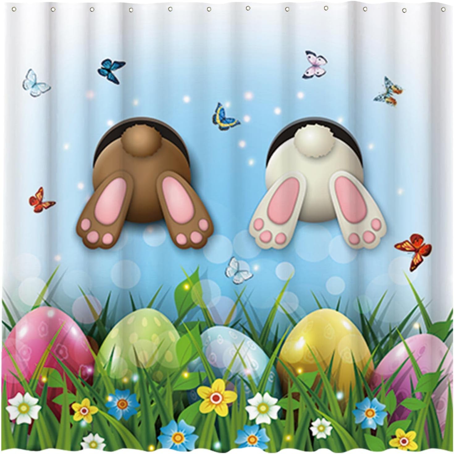 Easter Bunny in Bathtub Shower Curtain with Butterflies and Eggs