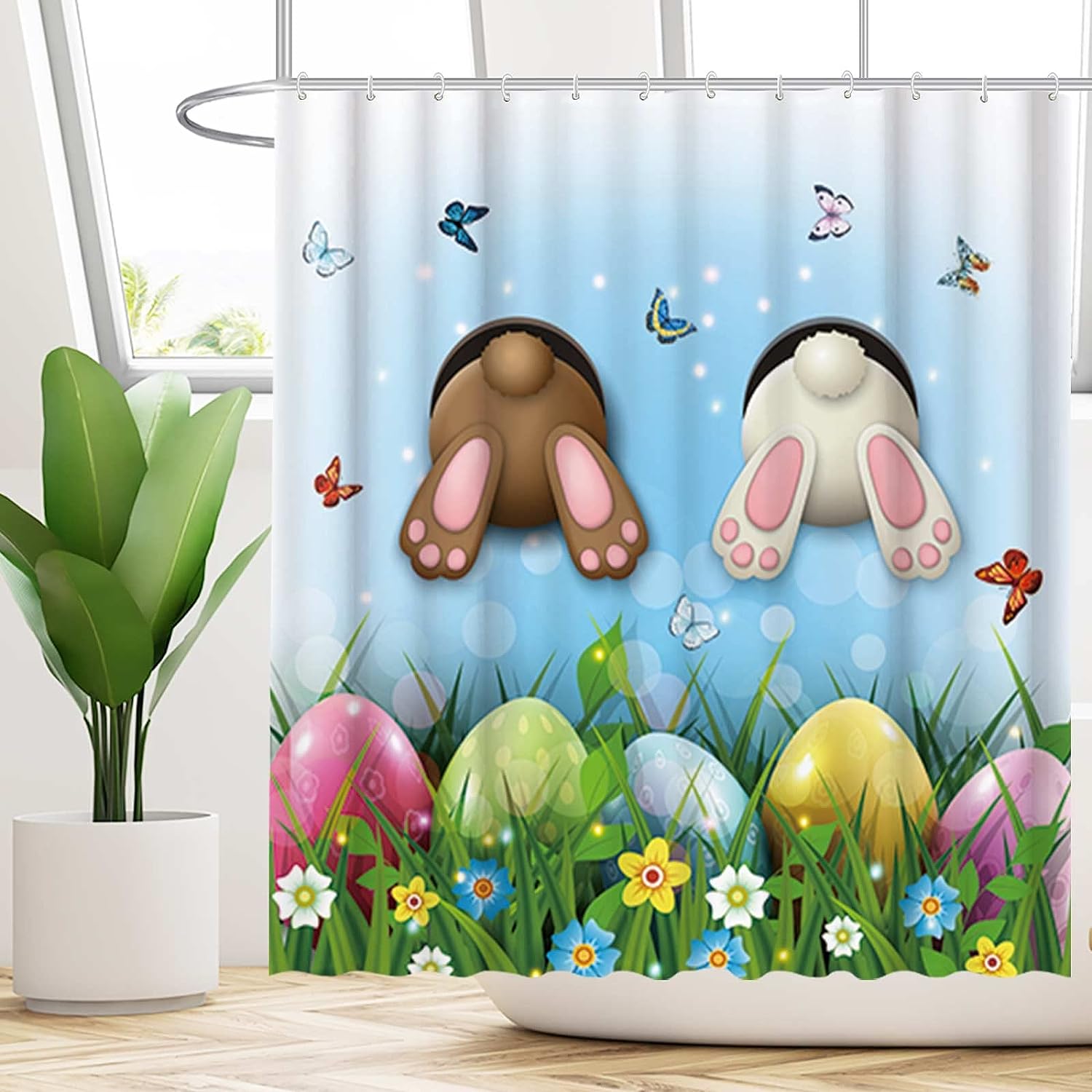 Easter Bunny in Bathtub Shower Curtain with Butterflies and Eggs
