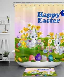 Easter Shower Curtain Spring Flowers Cute Bunny Bathroom Decor
