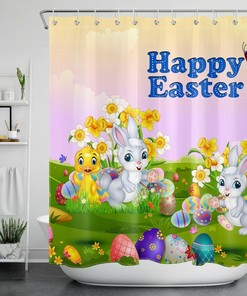 Easter Shower Curtain Spring Flowers Cute Bunny Bathroom Decor