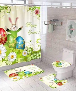Easter Shower Curtain with Bunny and Egg Print for a Festive Bathroom Decor