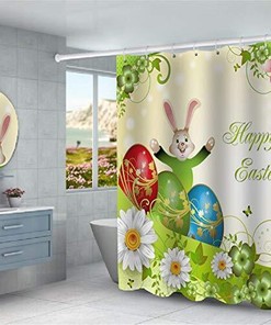 Easter Shower Curtain with Bunny and Egg Print for a Festive Bathroom Decor