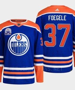 Edmonton Oilers Warren Foegele 37 Royal Primegreen Lee Ryan Hall Of Fame Patch Jersey 2022