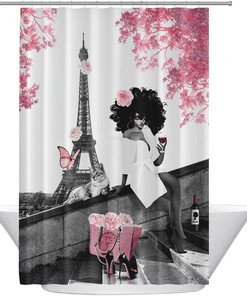 Eiffel Tower Fashion Black Girl Shower Curtain - Chic Grey Pink Afro Woman Bath Decor