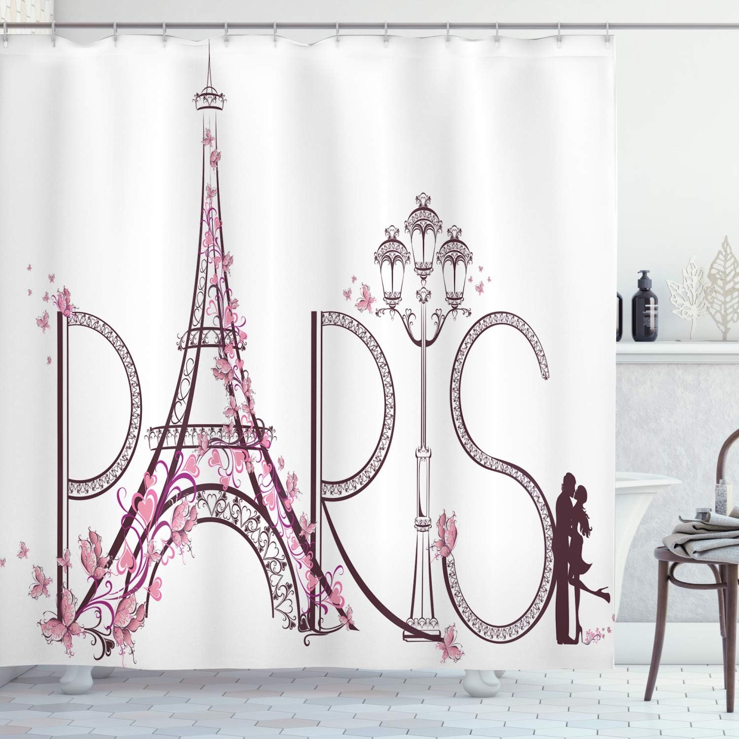 Eiffel Tower Paris Shower Curtain with Floral Design Bathroom Decor