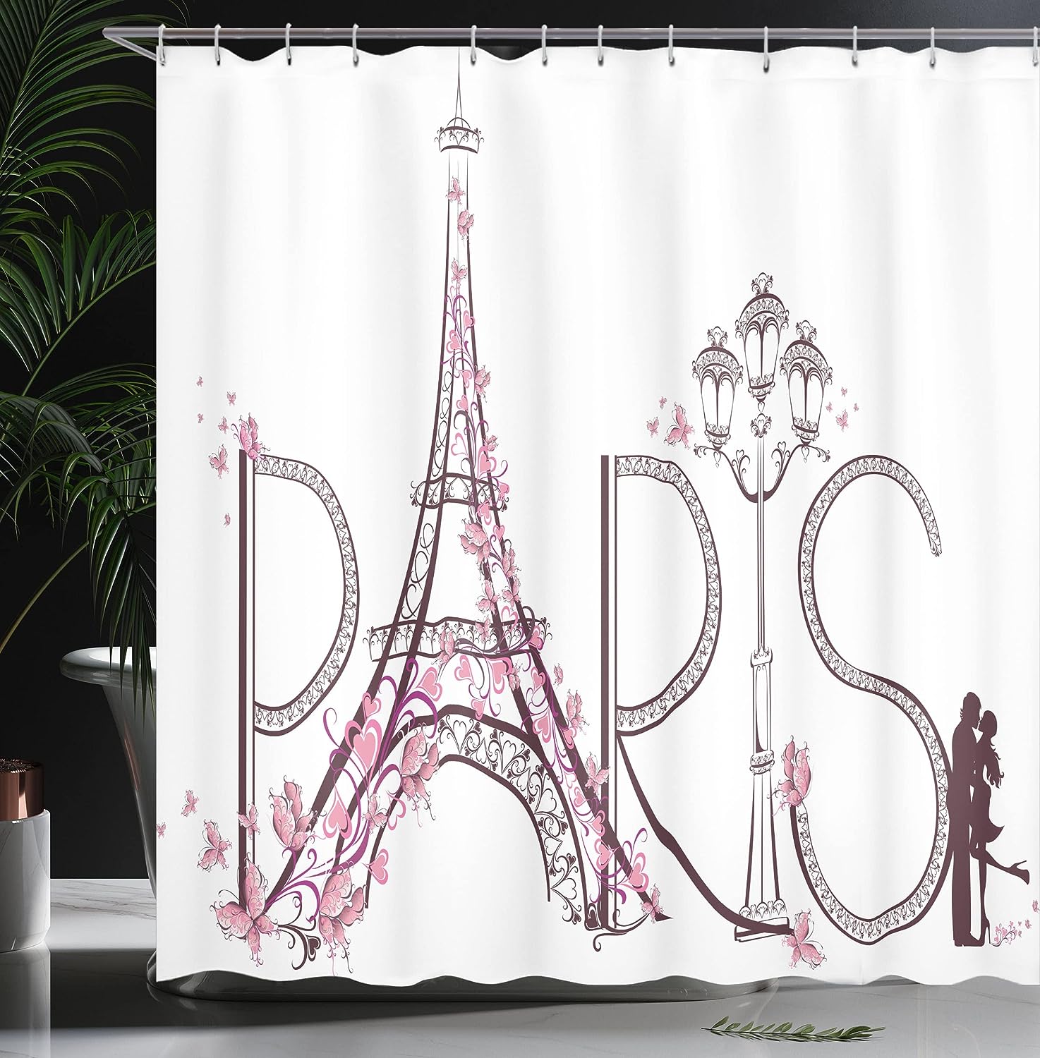 Eiffel Tower Paris Shower Curtain with Floral Design Bathroom Decor