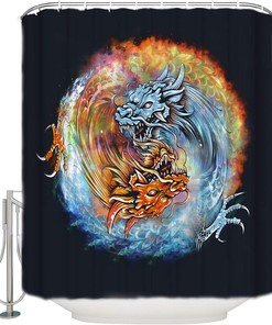 Eight Diagram Water and Fire Dragons Chinese Style Shower Curtain - Waterproof Fabric for Bathroom Home Decoration