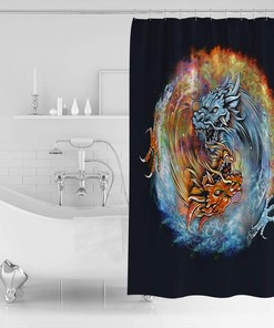 Eight Diagram Water and Fire Dragons Chinese Style Shower Curtain - Waterproof Fabric for Bathroom Home Decoration