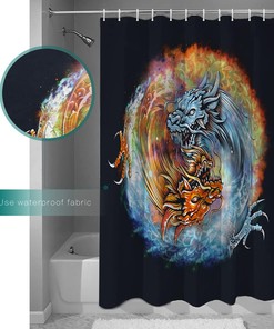 Eight Diagram Water and Fire Dragons Chinese Style Shower Curtain - Waterproof Fabric for Bathroom Home Decoration