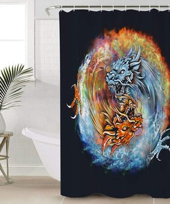 Eight Diagram Water and Fire Dragons Chinese Style Shower Curtain - Waterproof Fabric for Bathroom Home Decoration
