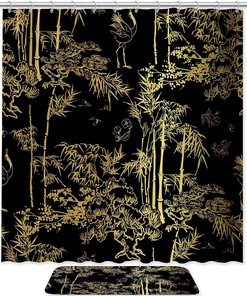Elegant Black and Golden Bamboo Shower Curtain for Zen Bathroom Decor