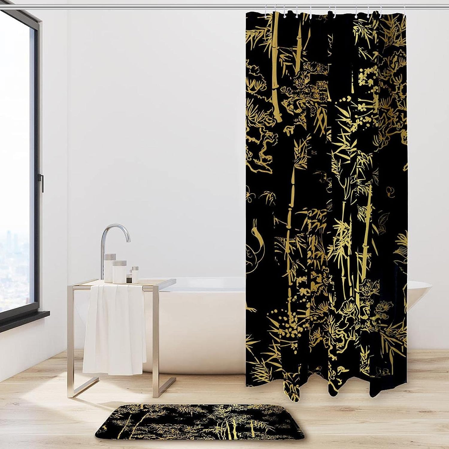 Elegant Black and Golden Bamboo Shower Curtain for Zen Bathroom Decor