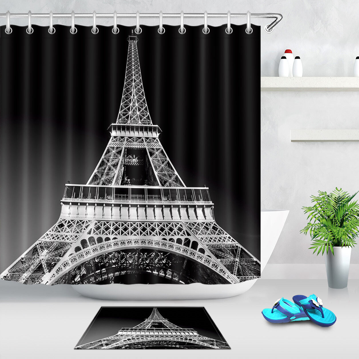 Elegant Eiffel Tower Shower Curtain Parisian Black and White Bathroom