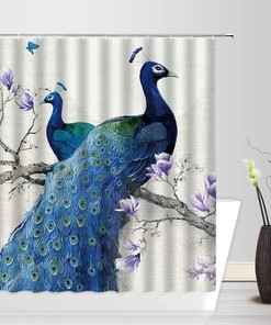 Elegant Noble Peacock Shower Curtain with Magnolia Flowers for a Vintage Bathroom Decor