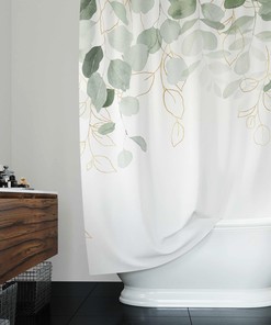 Elegant Sage Green Eucalyptus Boho Shower Curtain with White Floral Design