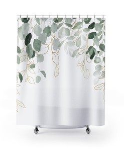 Elegant Sage Green Eucalyptus Boho Shower Curtain with White Floral Design