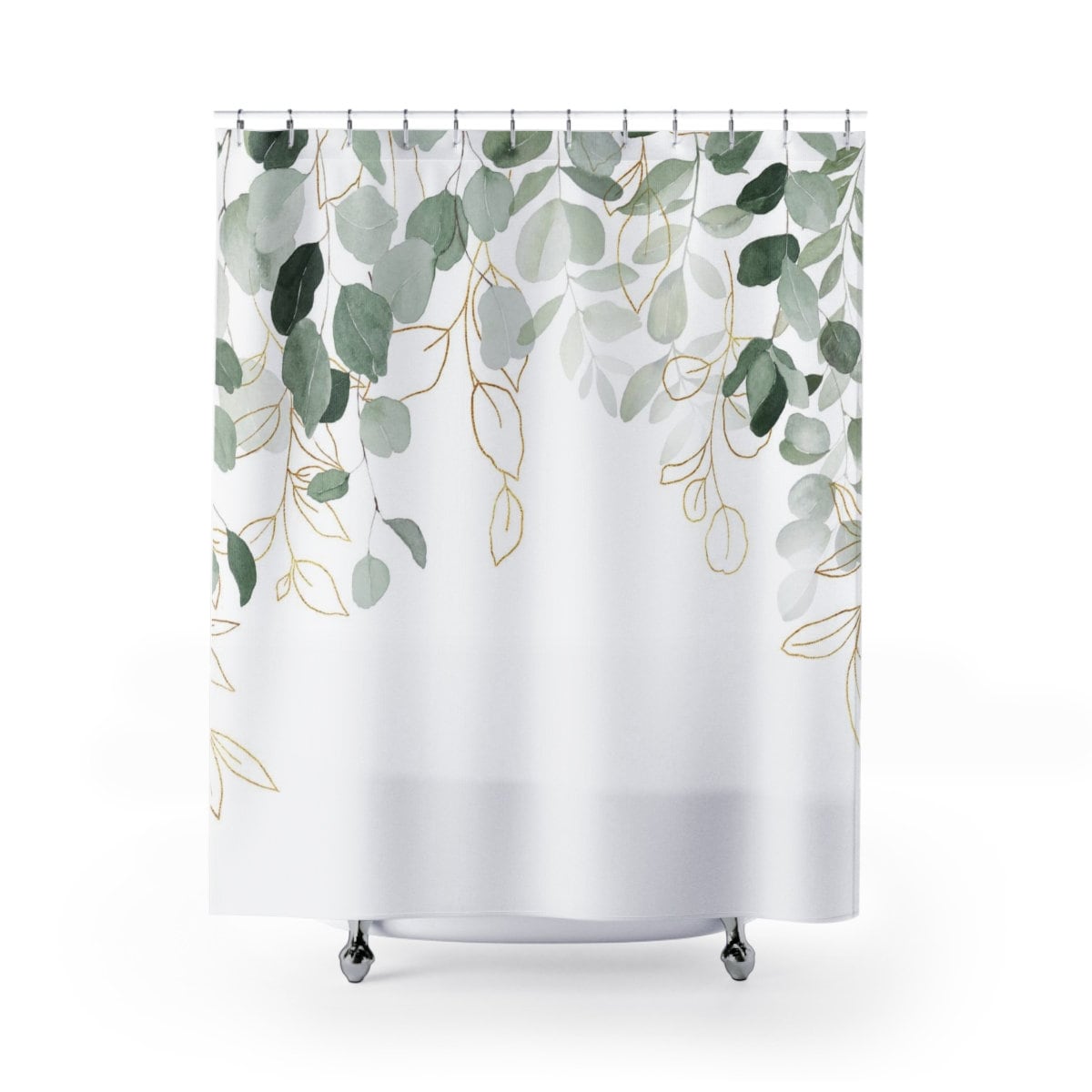 Elegant Sage Green Eucalyptus Boho Shower Curtain with White Floral Design