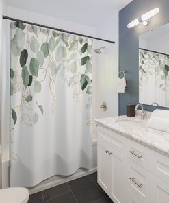 Elegant Sage Green Eucalyptus Boho Shower Curtain with White Floral Design