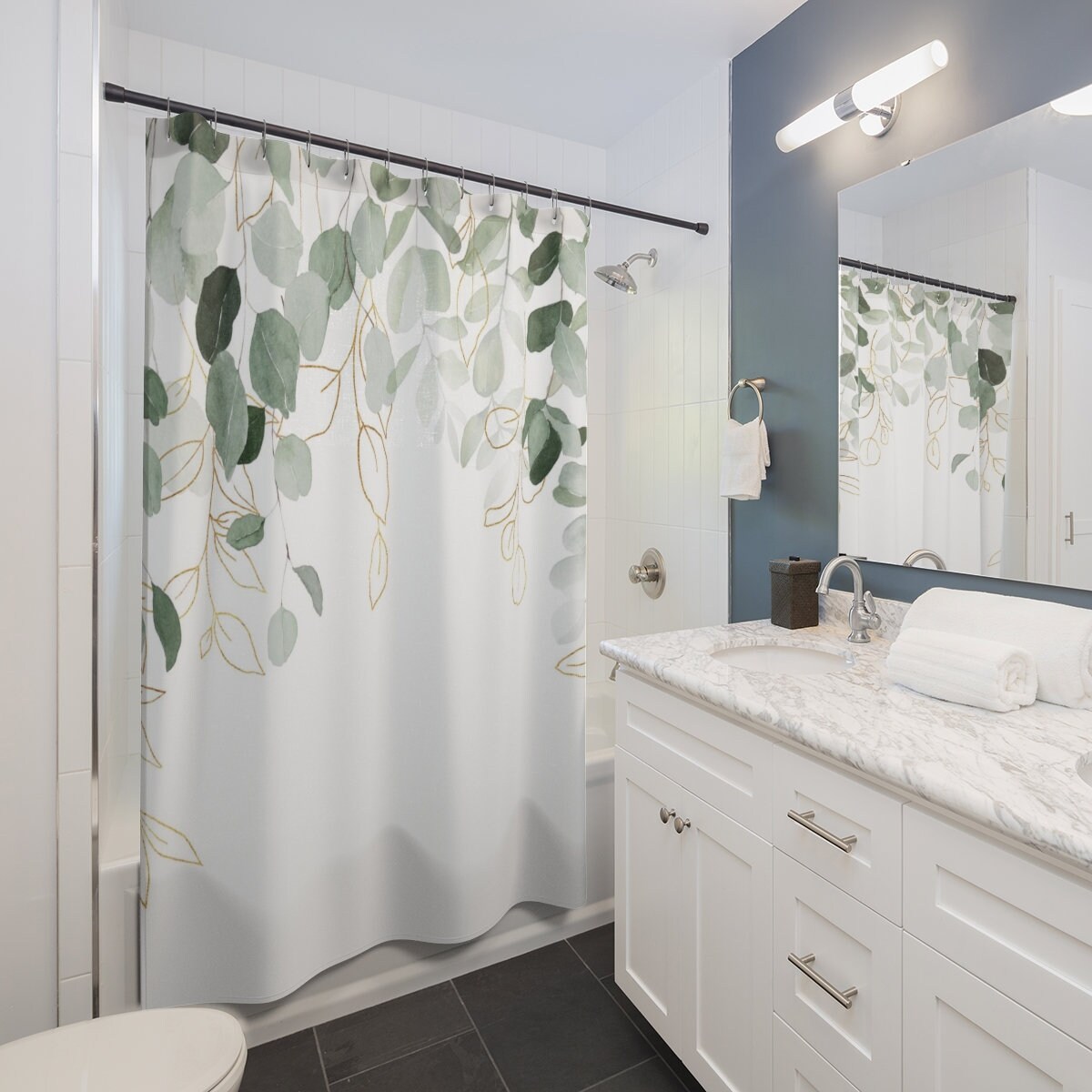 Elegant Sage Green Eucalyptus Boho Shower Curtain with White Floral Design
