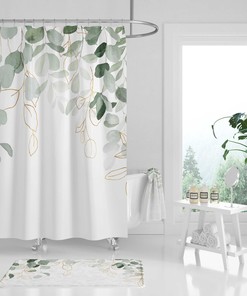 Elegant Sage Green Eucalyptus Boho Shower Curtain with White Floral Design