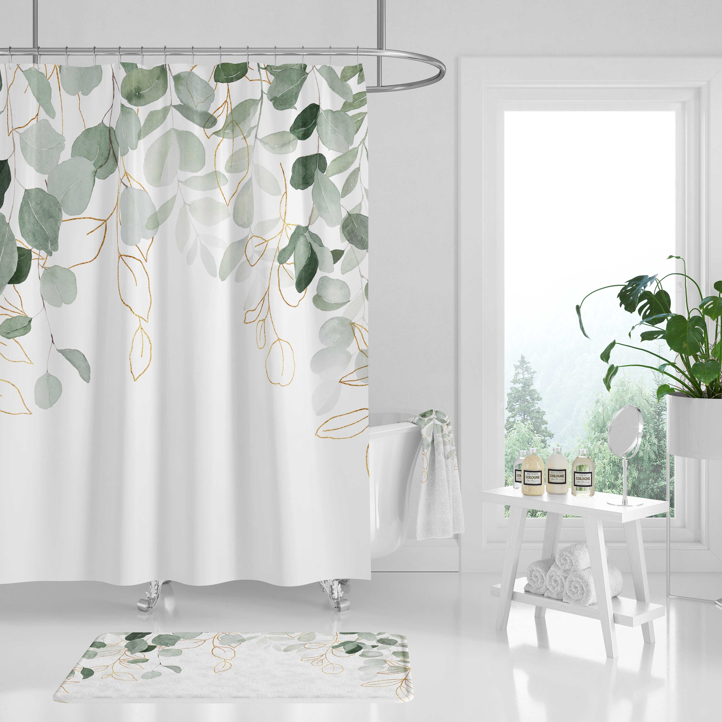 Elegant Sage Green Eucalyptus Boho Shower Curtain with White Floral Design