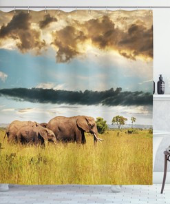 Elephant Family African Shower Curtain with Photo Print for Safari Bathroom Decor