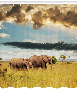 Elephant Family African Shower Curtain with Photo Print for Safari Bathroom Decor