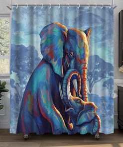 Elephant Family on African Landscape Animal Art Print Shower Curtain for Bathroom Decor