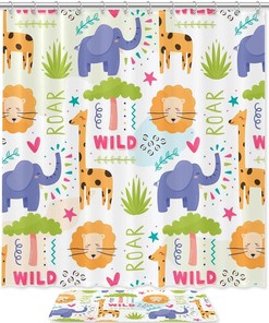 Elephant Giraffe Lion Waterproof Shower Curtain for Safari Bathroom Decor
