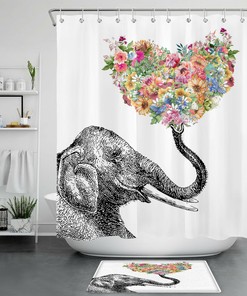 Elephant Shower Curtain - Colored Heart-shaped Flowers Bathroom Decor