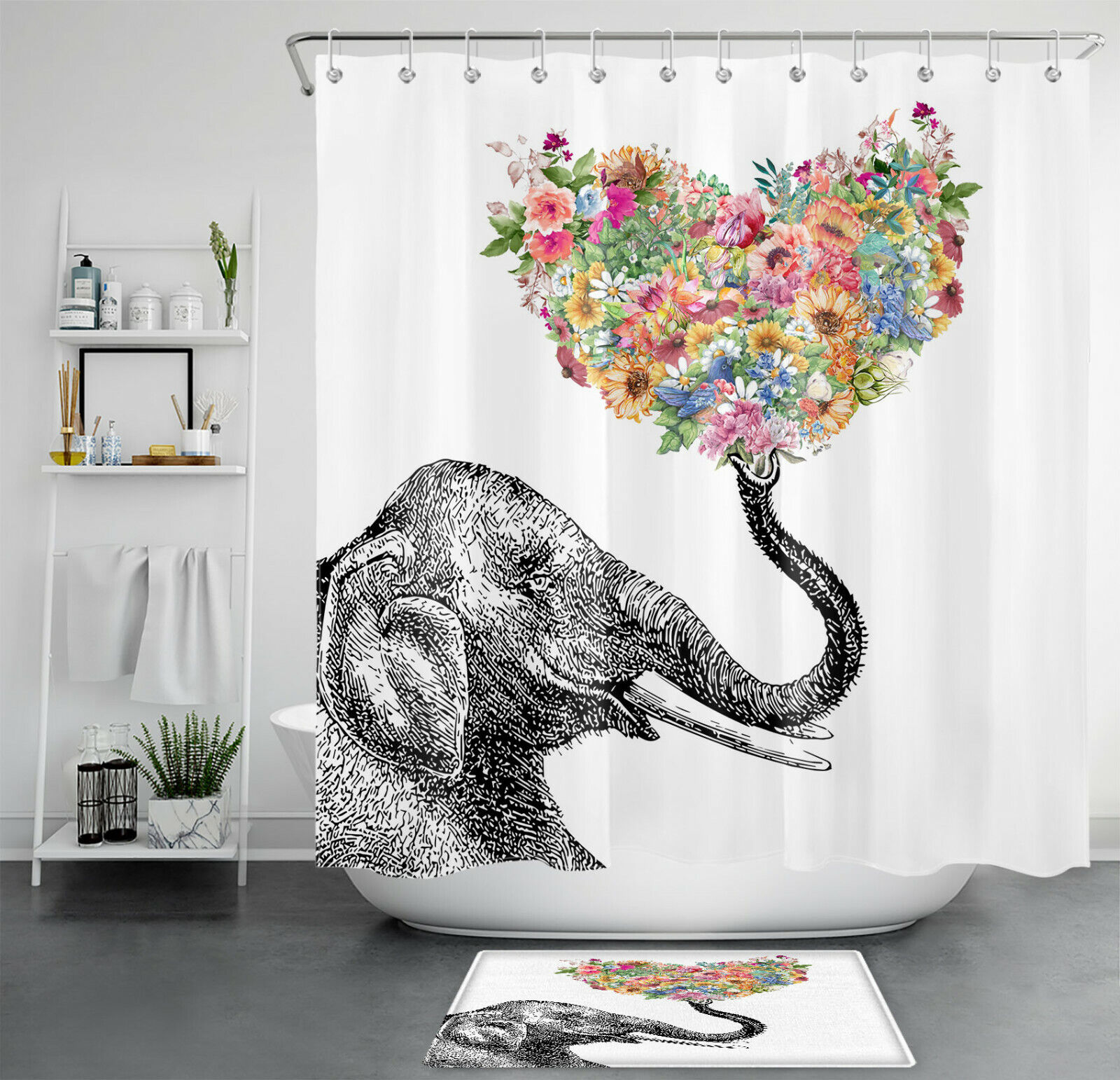 Elephant Shower Curtain - Colored Heart-shaped Flowers Bathroom Decor
